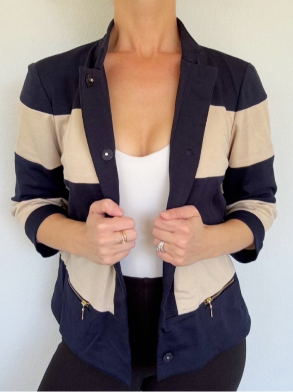 Focus 2000 navy blue tan stripe stretch knit blazer jacket size 10